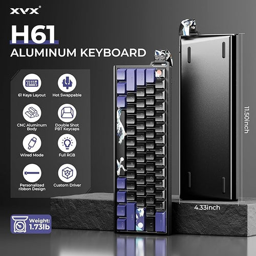 HITIME x XVX 60% Percent Keyboard with Strap, H61 Wired Aluminum Gaming Keyboard, Hot Swappable, Kanagawa Anime PBT Keycaps, RGB Backlit, Cherry Profile, Sound Absorbing Pads, Creamy Linear Switch