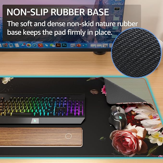 KTRIO Large Gaming Mouse Pad Desk Mat, Superior Micro-Weave Cloth, Non-Slip Rubber Base, Stitched Edges, Water-Resistant, for Gamer, Office & Home, 31.5 x 15.7 Inch，Peony Flower