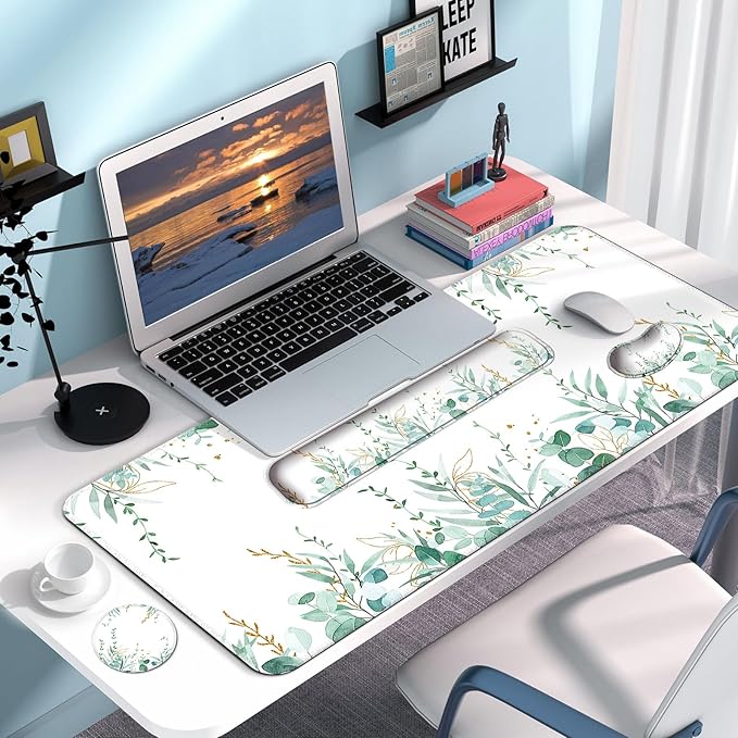 Keyboard Wrist Rest + Mouse Pad with Wrist Support + Desk Mat + Coaster 4 in 1 Set, XXL Large Gaming Mousepad Cute Ergonomic Mouse Pads for Desk Computer Laptop Office Decor-Eucalyptus