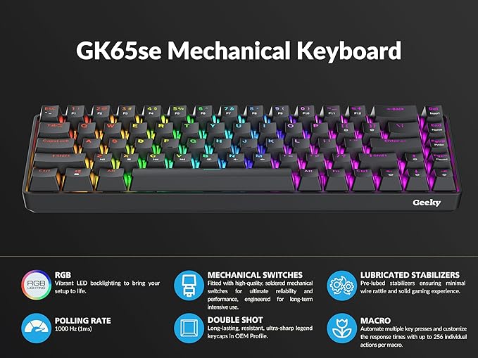 Geeky GK65 65% | Hot Swappable Mechanical Gaming Keyboard | 68 Keys Multi Color RGB LED Backlit for PC/Mac Gamer | ANSI US American Layout (Black, Mechanical Brown)