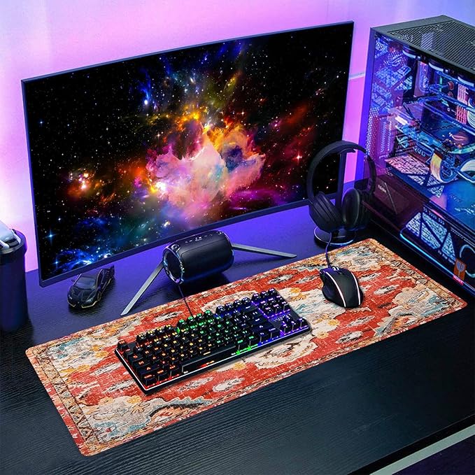 Vintage Rug Mouse Pad XL Red Orange Retro Carpet Aesthetic Extended Table Mat 80X30 cm Non-Slip Rubber Base Stitched Edge Large XL Mousepad for Desk Gaming Laptop Desk Top,31.5×11.8 Inch