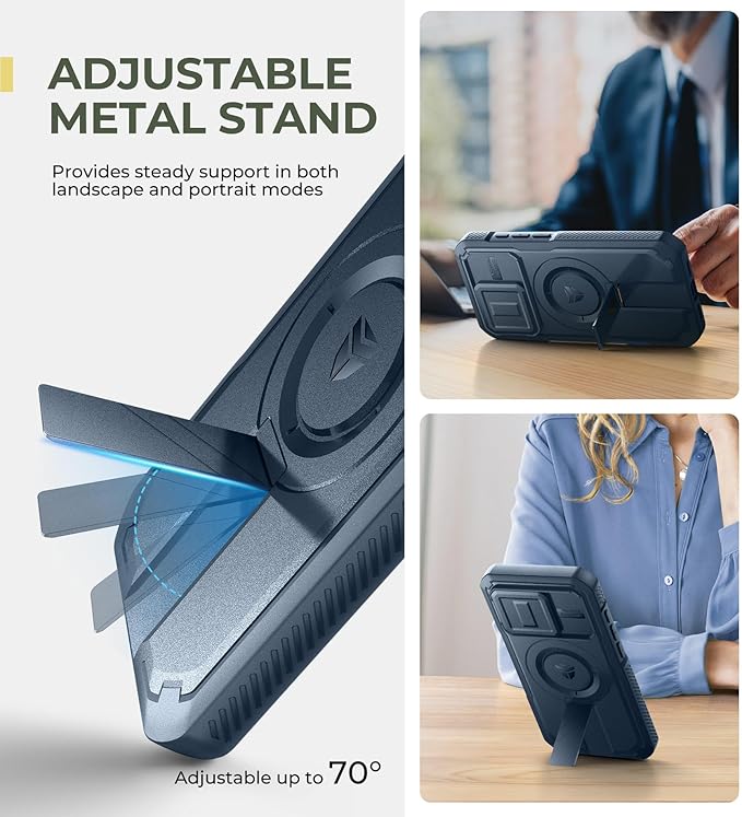 Dexnor for iPhone 15 Pro Case with Slide Camera Cover & Adjustable Kickstand & Built-in Screen Protector, Magnetic Rugged Shockproof Bumper Cases Heavy-Duty Magnetic Protective Cover, Navy Blue