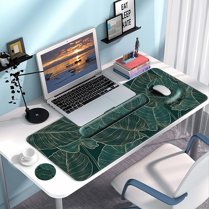 Desk Mat Set + Keyboard and Mouse Pad with Wrist Rest Support,4-in-1 Large Mousepad Computer Mats for Desktop Home & Office-Green Leaves