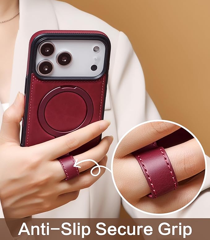 Butaiga for iPhone 17 Pro Leather Case with Stand, Anti-Slip Grip Ring, Fits for MagSafe (Burgundy, iPhone 17 Pro)