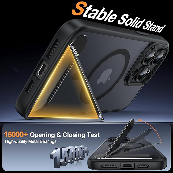Magnetic Compatible with iPhone 15 Pro Max Case, [Built-in Kickstand][Full Camera Protection][Compatible with MagSafe][Anti-Fingerprint] Shockproof Phone Case for iPhone 15 Pro Max 6.7",Black