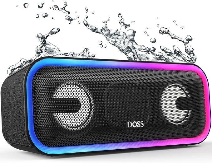 DOSS SoundBox Pro+ Bluetooth Speaker, Immersive 24W Stereo Sound with Booming Bass, IPX6 Waterproof, 15H Playtime, Mixed Colors Lights, Wireless for Backyard, Hiking, Garage, Party-Black