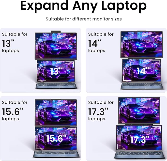 Laptop Screen Extender Portable Monitor - Dual 16" 1200P FHD Travel Monitor Fit for 13-17" Laptops Plug & Play 360° Rotating Detachable Stand Height Adjustable for Travel/Work/Study