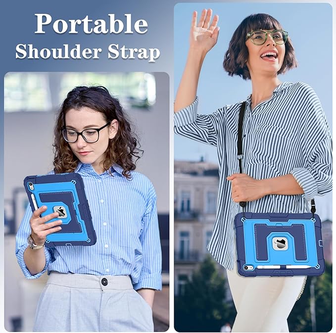 Kids Friendly Case for iPad A16 11th Generation 11 Inch 2025 / iPad 10th Generation 10.9" 2022 Case with Pencil Holder & Shoulder Strap, Hybrid iPad 11 10 Cover Rugged Shockproof Kickstand,Blue