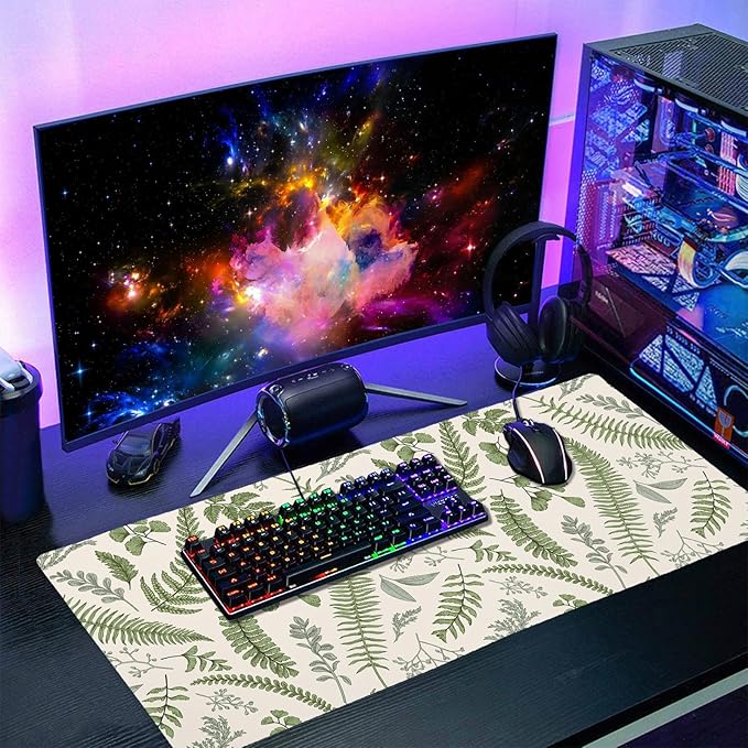 White Green Plant Flowers Mouse Pad XXL Tropical Fern Botanical Leaves Extended Desk Mat 90X40cm Non-Slip Rubber Base Stitched Edge Large Mousepad for Gaming Laptop Computer Desktop 35.4×15.7 Inch