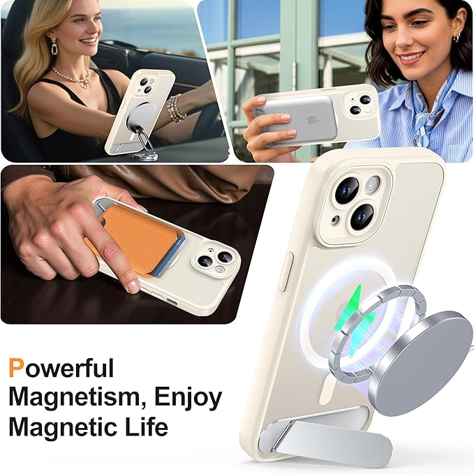 Magnetic Compatible with iPhone 15 Case, [Built-in Invisible Kickstand][Compatible with MagSafe][Full Camera Protection] Translucent Matte Phone Case for iPhone 15 6.1" Beige