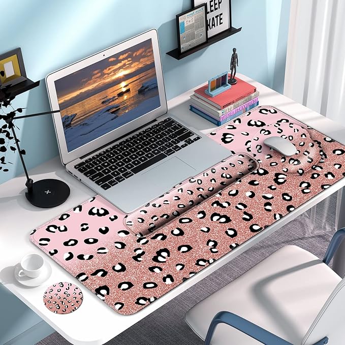 Mouse Pad + Desk Mat + Keyboard Wrist Rest + Coaster 4 in 1 Set, Cute Ergonomic Large Gaming Mousepad with Wrist Rest Support Desk Pad for Computer Laptop Office Home Decor-Glittery Leopards