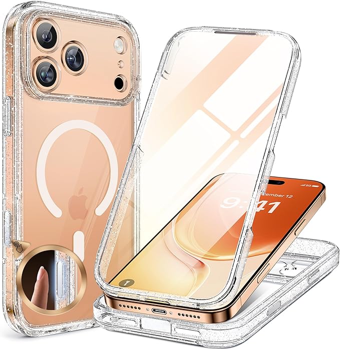 Miracase for iPhone 17 Pro Max Case 6.9" Full-Body Phone Case with Built-in Glass Screen Protector& Full Camera Protector,[Magnetic with MagSafe] Drop Proof 17 ProMax Cover, Clear Glitter