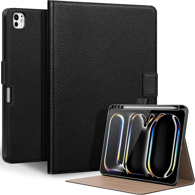 Genuine Leather Case for iPad Pro 11 inch Case (M5) 2025 / (M4) 2024 | with Pencil Holder and Adjustable Stand, Magnetic Closure, Auto Wake/Sleep Cover | Black