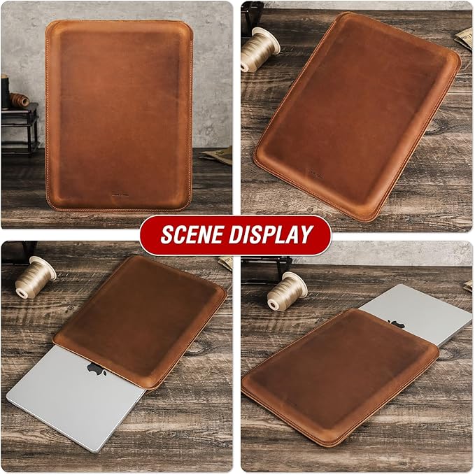 Top Grain Leather 14.2" Laptop Sleeve Case, Solid Vintage Design, Compatible with MacBook Pro 14" 2021 M1 A2442 & Old Versioned 13-13.3 Inch MacBook Pro/MacBook Air, Brown 14.2 Inch