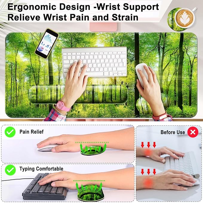 Keyboard Wrist Rest + Mouse Pad with Wrist Support + Desk Mat + Coaster 4 in 1 Set, XXL Large Gaming Mousepad Cute Ergonomic Mouse Pads for Desk Computer Laptop Office Decor-Sunlight Forest