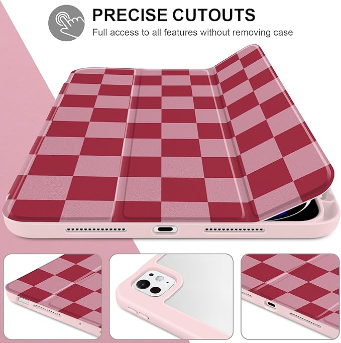 TWOLSKOO Case for iPad Pro 11-inch (M5 2025 / M4 2024), Clear Acrylic Back with TPU Bumper, Pencil Holder, Trifold Stand, Auto Sleep/Wake, Pink Checkerboard