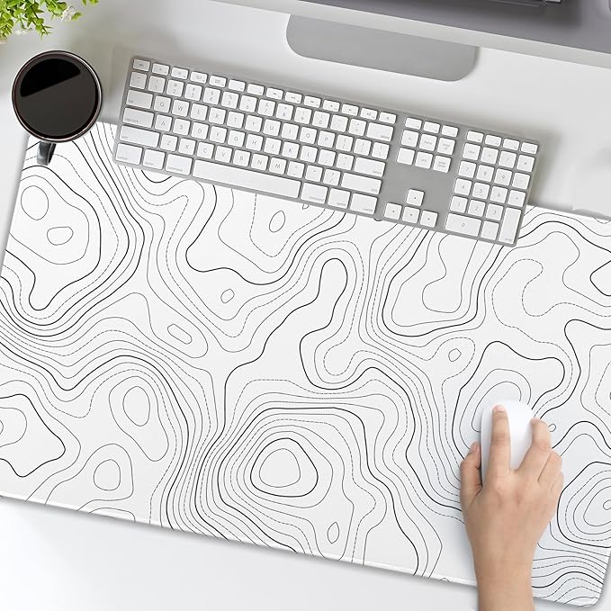 Topographic Map Mouse Pad Large White Lines Contour Geographic Extended Desk Mat 60x35 CM Non-Slip Rubber Base Stitched Edge Long Mousepad, 24x14 Inch