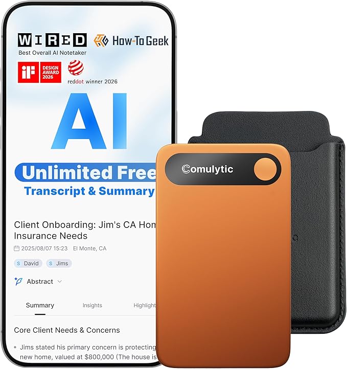 Comulytic Note Pro AI Voice Recorder, Unlimited Transcribe & Summarize, One Tap Recording Device with AI Note Taking, Support 113 Languages, 64GB, Audio Recorder for Calls, Meetings, Lectures, Orange