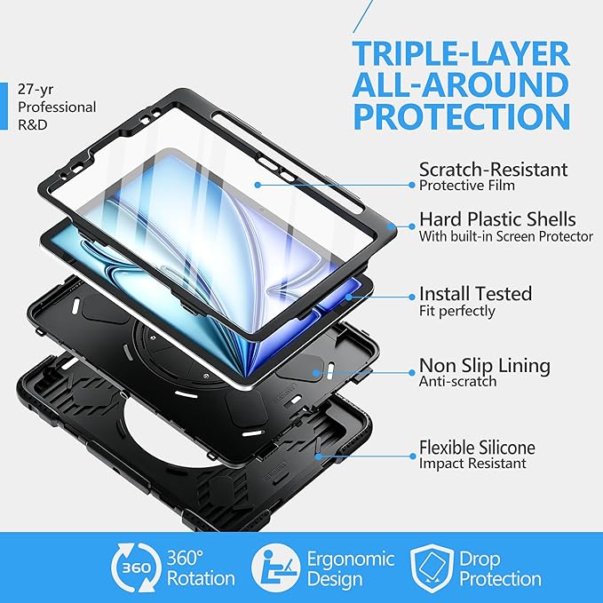 Case for iPad Air 11 M4 2026/ M3 2025/ M2 2024: Silicone Cover for iPad Air 5th & 4th Generation 10.9 Inch (2020/2022) with Screen Protector- Stand- Handle- Shoulder Strap- Pencil Holder