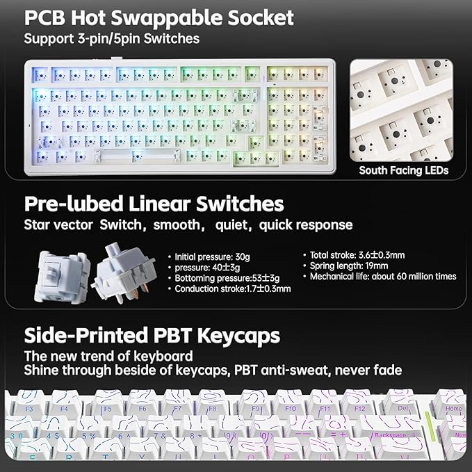 LEOBOG Aula Keyboard, F99 Wireless Mechanical Gaming Keyboards, Hot Swappable Custom Creamy RGB Backlit Computer Keyboard,BT5.0/2.4GHz/USB-C,Topographic Side-Printed Keycaps, Switch