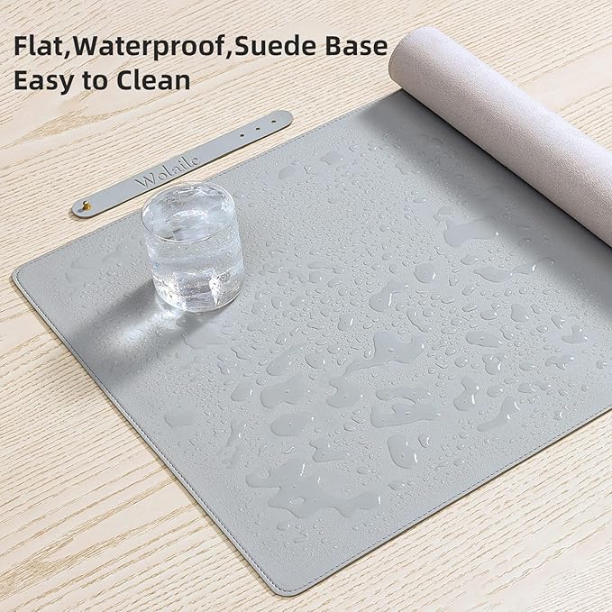Wolaile PU Leather Desk Pad Blotter,Light Grey Waterproof Office Desktop Mat,36x17in Non-Slip Large Mouse Pad/Writing Protector/Desk Accessories