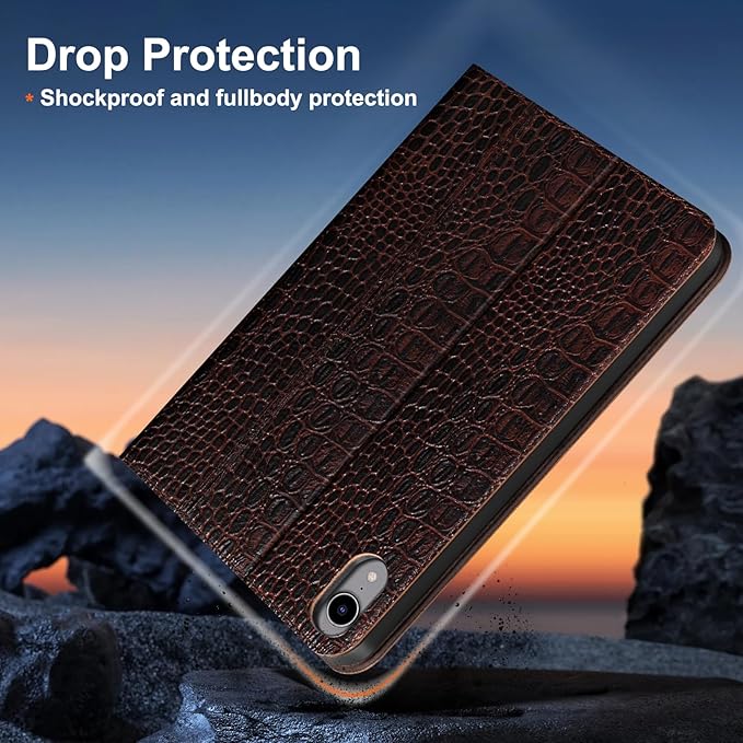 Gexmil Leather Case for iPad mini 7 (A17 Pro) 2024 / iPad mini 6 Generation 2021 8.3 Inch,Premium Cowhide Cover with Adjustable Stand, Auto Wake/Sleep,Brown Crocodile
