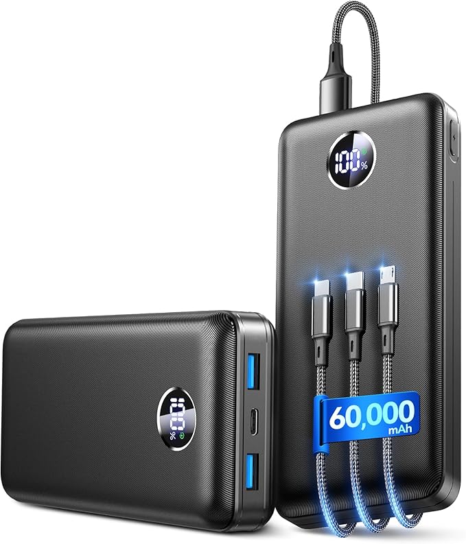Portable Charger Power Bank - 60,000mAh Battery Pack, 22.5W Fast Charging Phone Charger Attached USB-C/iOS/Micro-USB Cable, Powerbank for iPhone 17 16 15 14 13 Samsung, for Travel Camping Essentials