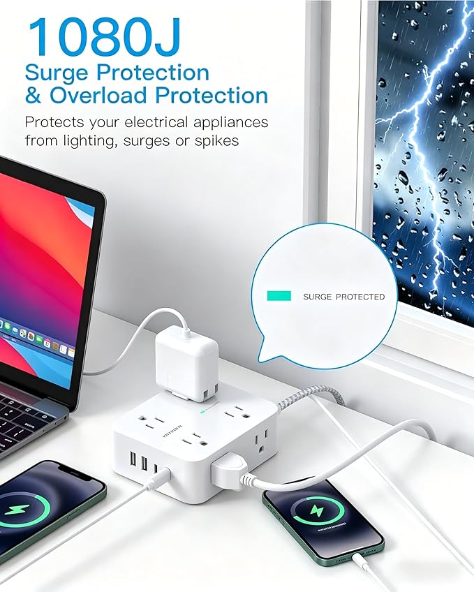 HANYCONY 10 Ft Braided Extension Cord with Ultra-Thin Flat Plug, 8 Widely Spaced Outlets & 4 USB Ports (2 USB C), 1080J Surge Protector Power Strip for Home Office, Dorm Room Essentials, Wall Mount