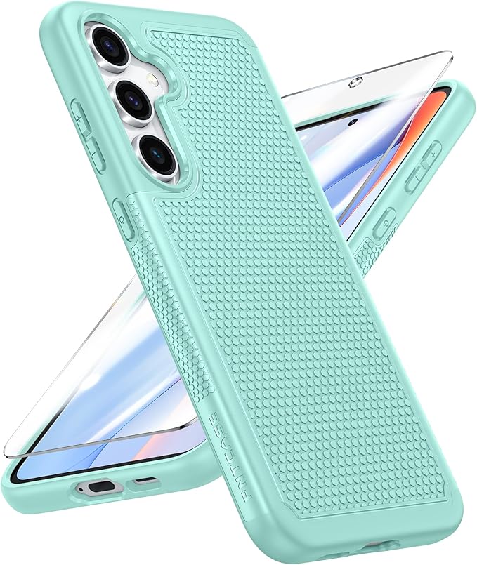 FNTCASE for Samsung Galaxy S24-FE Case: Dual Layer Protective Heavy Duty Cell Phone Cover | Shockproof Rugged with Non-Slip Textured | Military Grade Drop Protection Bumper Tough (Mint Green)