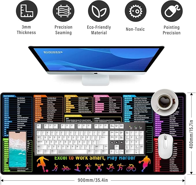 Excel Shortcuts Cheat Sheet Desk Pad Mat– 35.4x15.7 Inches Large Mouse Pad with Non-Slip Rubber Base, Quick Reference Guide for Office & Home