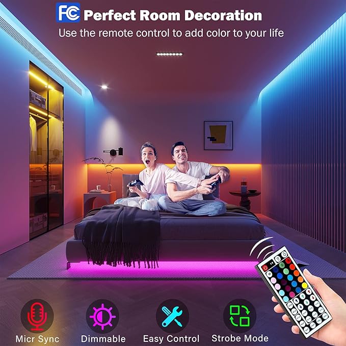 Leeleberd 130 ft Led Lights for Bedroom,(2 Rolls of 65FT) Bluetooth Smart APP Control Color Changing RGB Led Strip Lights with Remote Control Led Lights for Room Kitchen Party Home Decoration