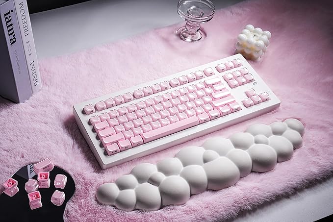 ZORNHER CG870 Wireless Mechanical Keyboard,80% Pink & White Gaming Keyboard, Creamy Keyboard,Cute Jelly Cat Clear Ceramic Jade Keycaps,Girly Aesthetics Kitty Keyboard,Creamy Sounding Linear Switches