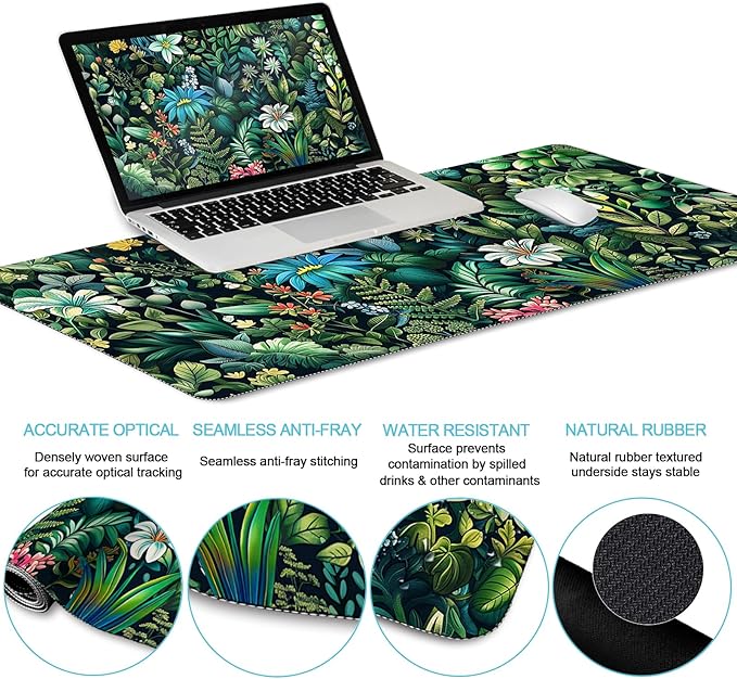 LIMKRIAN Floral Mouse Pad Large Desk Mat Set, Green Ergonomic Mouse Pad with Wrist Rest Keyboard Wrist Support XXL Mousepad Cup Coaster Set, Cute Green Office Desk Accessories Decor Supplies
