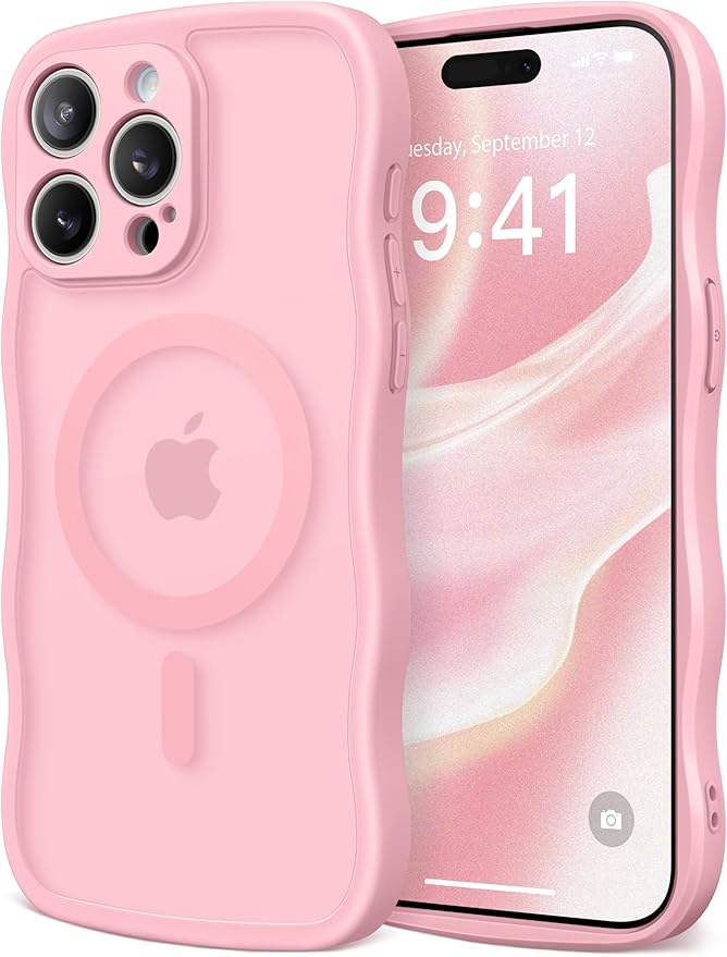 CAPRARO Cute for iPhone 15 Pro Max Case, Compatible with MagSafe, [Curly Wave Edge] [Full Camera Protection] [14 FT Drop Protection] Magnetic Phone Case for 15 Pro Max 6.7 Inch, Peach Pink