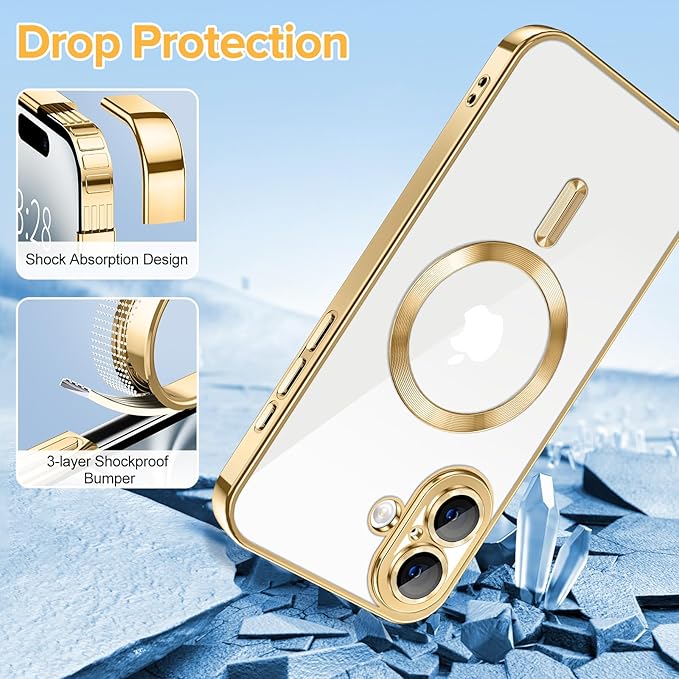 Hython Magnetic Clear for iPhone 16 Plus Case with Camera Lens Protector [Compatible with MagSafe] Luxury Plating Edge Slim Soft TPU Cover Protective Phone Case for iPhone 16 Plus 6.7", Gold