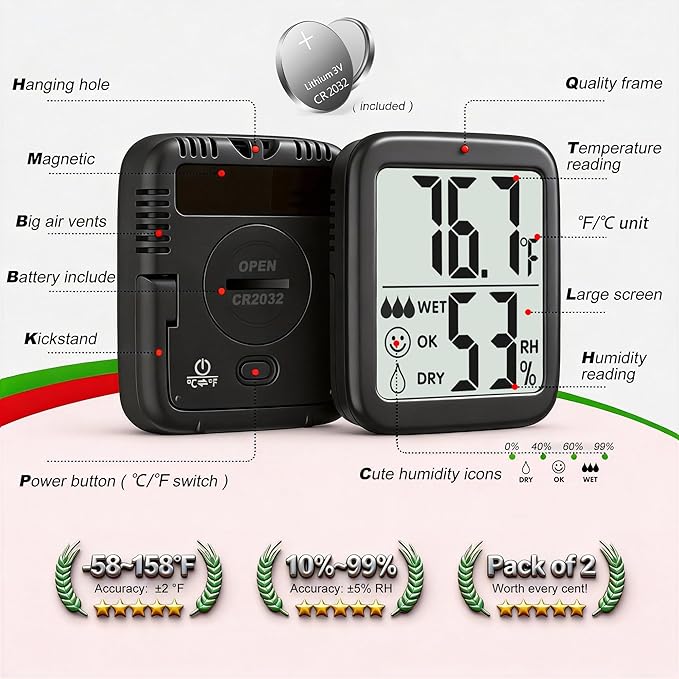 Antonki 2 Pack Room Thermometer for Home, Hygrometer Indoor Humidity Meter Gauge, Digital Temperature and Humidity Monitor Sensor for House, Terrarium, Incubator, Greenhouse - Battery Included