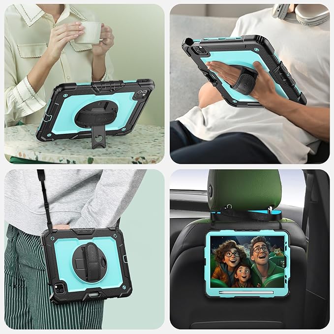 SEYMAC Case for iPad Pro 11 Case 4th/ 3rd/ 2nd/ 1st Gen (2022/2021/2020/2018), Full-Body Shockproof Protective Case with Screen Protector, 360° Rotating Stand and Hand/Shoulder Strap, Sky Blue