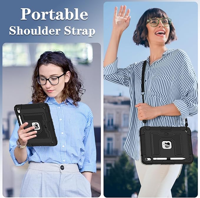 Kids Friendly Case for iPad A16 11th Generation 11 Inch 2025 / iPad 10th Generation 10.9" 2022 Case with Pencil Holder & Shoulder Strap, Hybrid iPad 11 10 Cover Rugged Shockproof Kickstand,Black