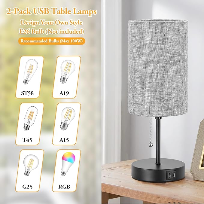 Lakumu Modern Table Lamps Set of 2, Grey Fabric Shade and Black Metal Base for Living Room Bedroom Office Reading Dorm Hotel