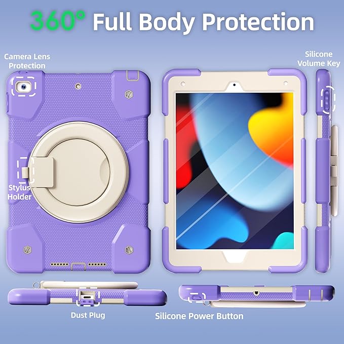 Andnary Case for iPad 9th/8th/7th Generation 10.2 inch, Shockproof Cover with Screen Protector/360° Rotating Handle/Bracket/Pen Holder/Shoulder Strap, Kids Case for iPad 2021/2020/2019 (Purple)