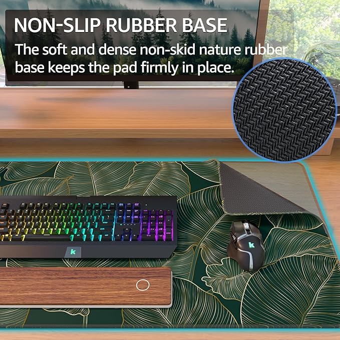 KTRIO Large Gaming Mouse Pad Desk Mat, Superior Micro-Weave Cloth, Non-Slip Rubber Base, Stitched Edges, Water-Resistant, for Gamer, Office & Home, 31.5 x 15.7 Inch，Golden Leaves