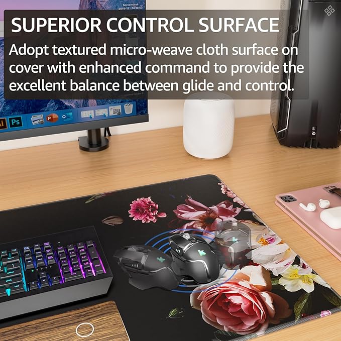 KTRIO Large Gaming Mouse Pad Desk Mat, Superior Micro-Weave Cloth, Non-Slip Rubber Base, Stitched Edges, Water-Resistant, for Gamer, Office & Home, 31.5 x 15.7 Inch，Peony Flower