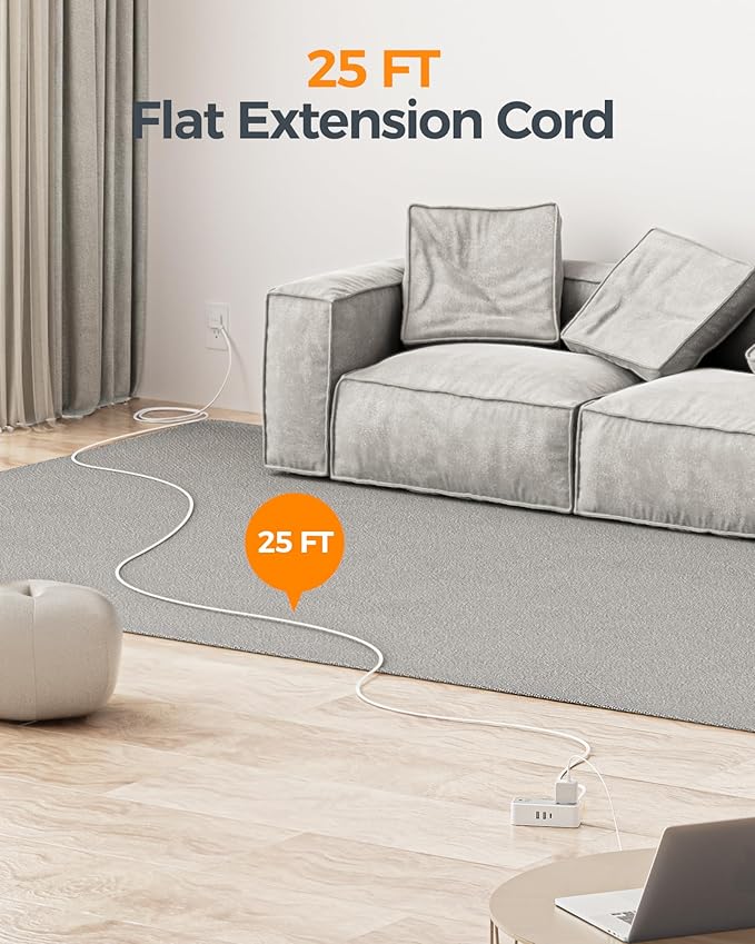 TESSAN Flat Plug Extension Cord 25 FT, Surge Protector Power Strip with 4 AC Outlets 1 USB C and 2 USB A Ports, 900 Joules Protection, Multiple Wall Outlet Extender Suitable for Office Dorm, Grey