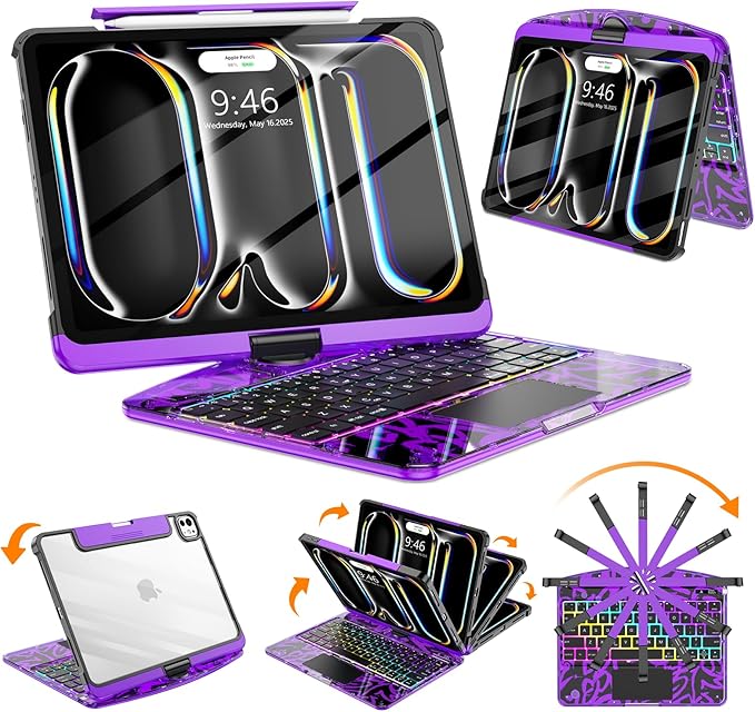 SIBEITU Keyboard Case for iPad Pro 11 Inch (M5 2025 / M4 2024), 360 Rotatable iPad Pro 11 Clear Cover with Multi-Touch Trackpad, 7-Color Backlight & 3 Brightness, High-Tech Visible PCB Design, Purple