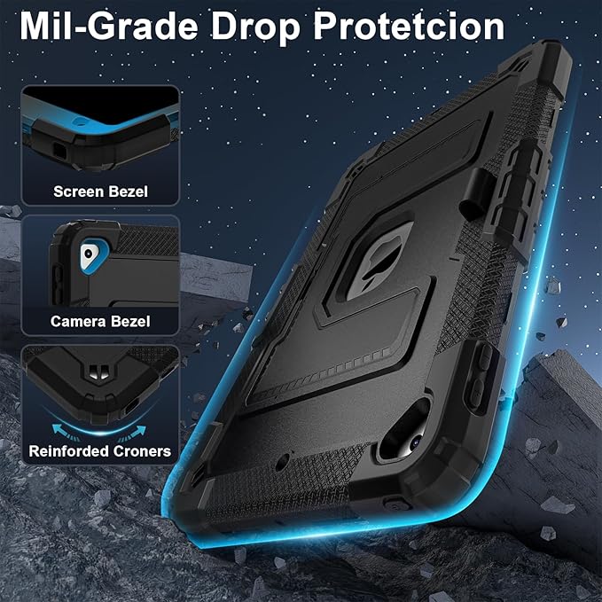 Kids Friendly Case for Apple iPad 10.2" 9th 8th 7th Generation 2021/2020/2019 Case with Pencil Holder & Shoulder Strap, Military Grade Shockproof Kickstand Hard Shell Protective Cover,Black