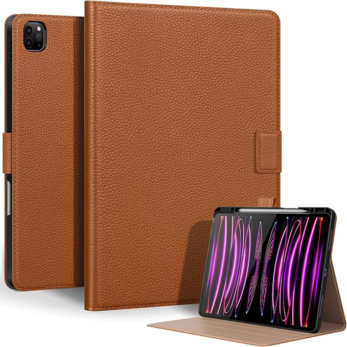 Genuine Leather Case for iPad Pro 13 inch (M5/M4) 2025/2024 with Pencil Holder | Slim Protective Cover with Adjustable Stand,Magnetic Closure,Auto Wake/Sleep, Premium Leather | Brown