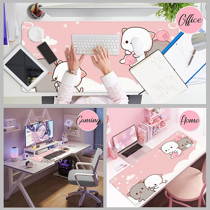 Pink Large Gaming Mouse Pad Kawaii Desk Pad XXL Cute Cat Mouse Mat 35x15.7x0.12 inch Desk Accessories (Pink Cat -2)