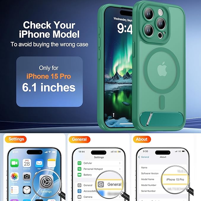 Magnetic Compatible with iPhone 15 Pro Case, [Built-in Kickstand][Full Camera Protection][Compatible with MagSafe][Anti-Fingerprint] Shockproof Phone Case for iPhone 15 Pro 6.1",Cyan