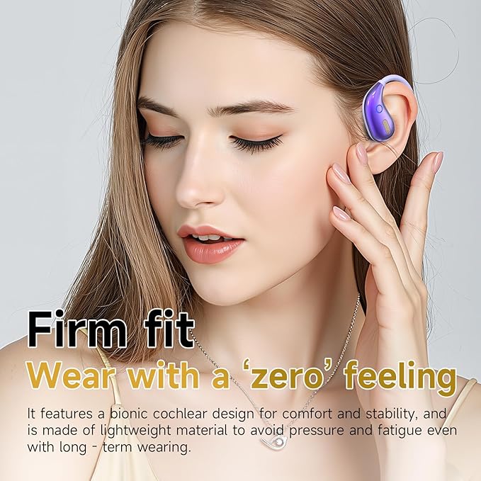 Open Ear Earbuds, Wireless Bluetooth 5.4 Headphones, Stereo Sound IPX7 Waterproof with Ergonomic Earhook for Running, Workout, Travel, Purple