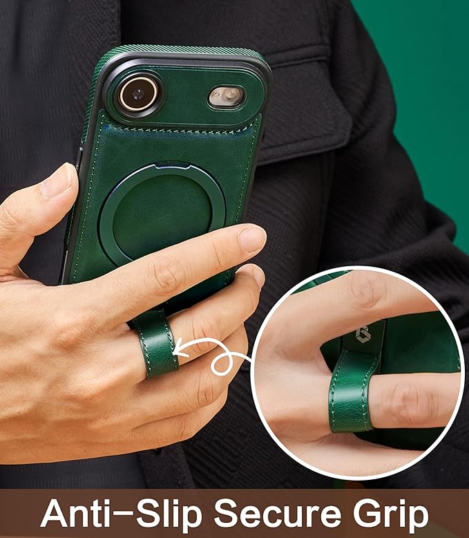 Butaiga for iPhone Air Leather Case with Stand, Anti-Slip Grip Ring, Fits for MagSafe (Green,iPhone Air)